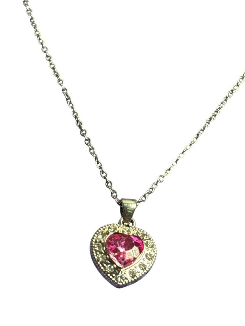 Dainty Silvertone Heart Pendant Necklace Pink and Clear Rhinestones 18 inches